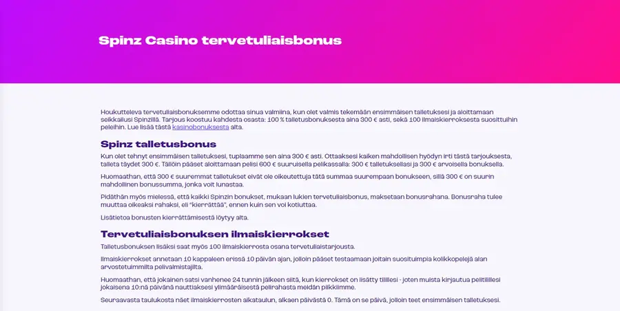 Spinz kasinobonukset
