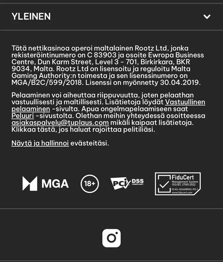 Tuplaus Casino lisenssi