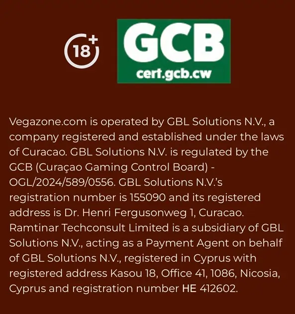 Vegazone Casino License Display