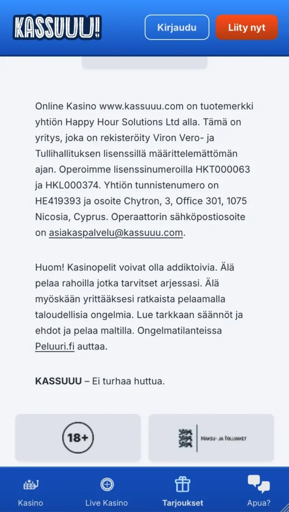 Mobiilikuva Kassuu Kasinon lisenssistä