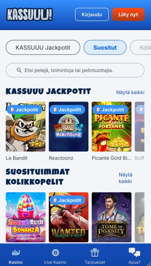 Kassuuu Kasinon peliaulasta mobiilinäkymä.