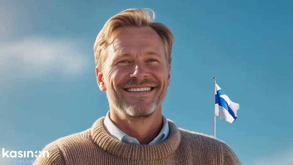 Kasino ilman rekisteröintiä / pikakasinot ovat suomalaisille turvallisia. Kuvassa mies, jonka taustalla Suomen lippu